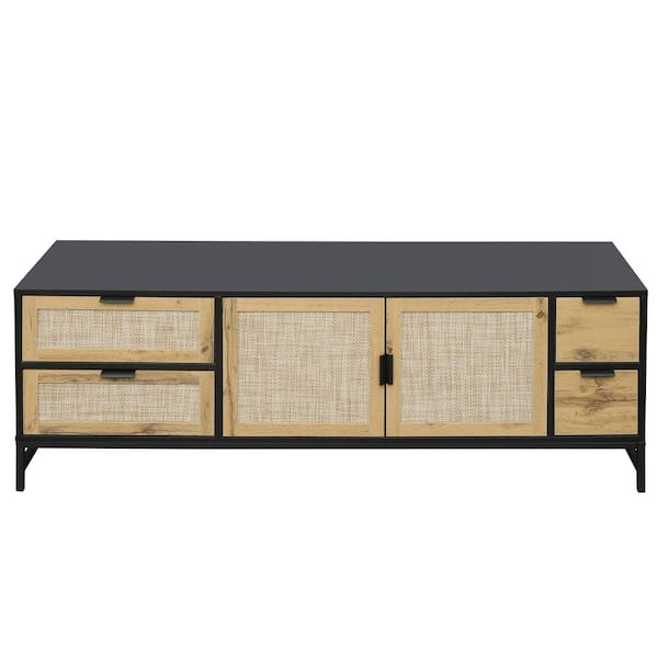 Unbranded 59.09 in. W x 15.79 in. D x 21.69 in. H TV Stand Black Linen Cabinet with Rattan Doors, Drawers, Adjustable Shelf