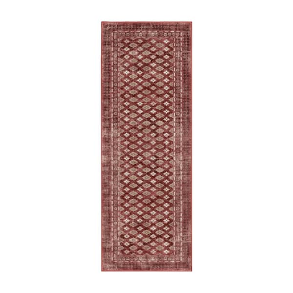Elara Rouge Red 2.5 ft. x 7 ft. Bordered Floral Machine Washable Non-Slip Runner Rug