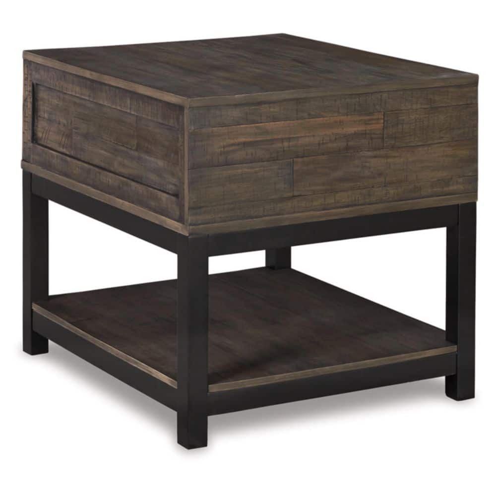 Rustic Brown and Black Rectangular Wood End Table with Storage