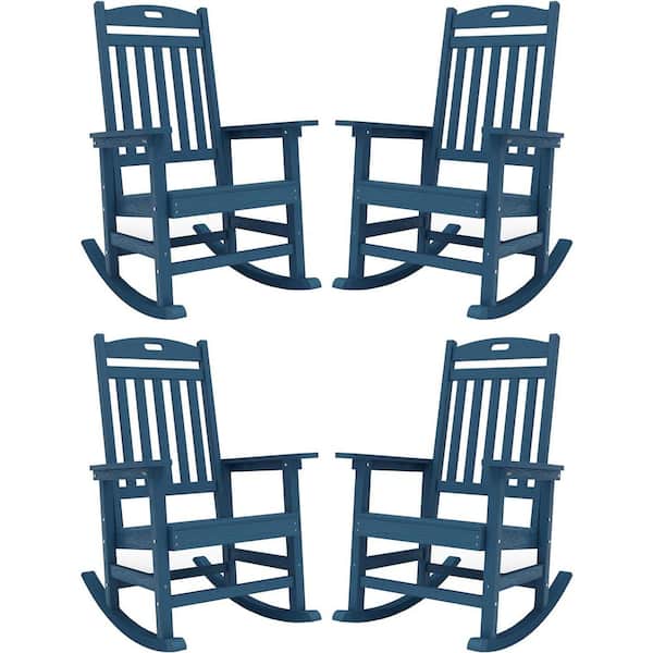 Navy Plastic Patio Outdoor Rocking Chair, Fire Pit Adirondack Rocker Chair with High Backrest (4-Pack)