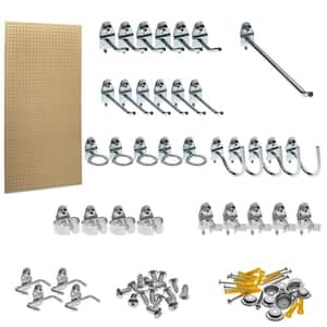 24 In. W x 48 In. H x 1/4 In. D Natural Heavy Duty HDF Round Hole Pegboards with 36 pc. Locking Hook Assortment