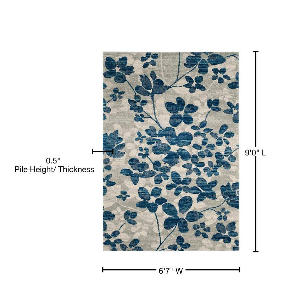 Grey and Light Blue Floral Synthetic Area Rug, 6'7" x 9'
