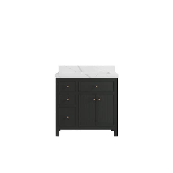 Willow Collections Sonoma 36 in. W x 22 in. D x 36 in. H Right Offset Sink Bath Vanity in Black Top with 2" Calacatta Quartz Top