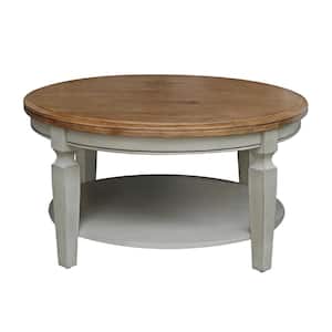 Vista 38 in. Hickory/Gray Round Wood Top Coffee Table with Shelf