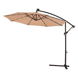 10 ft. Steel Cantilever Solar Tilt Patio Umbrella with LED Lights and Cross Base in Beige