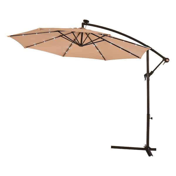 WELLFOR 10 ft. Steel Cantilever Solar Tilt Patio Umbrella with LED Lights and Cross Base in Beige