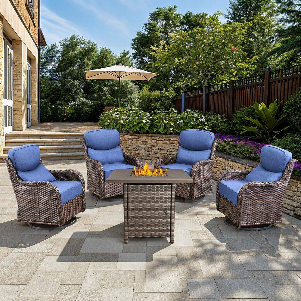 Arcadia Brown 5-Piece Wicker Patio Fire Pit Set, 4-Person Seating Set with Olefin Navy Blue Cushions and Swivel Gliders price history on PriceWatchPro