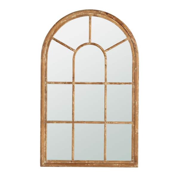 Unbranded 34 in. W x54.3 in. H Large Arched Accent Mirror with Brown Frame with Decorative Window Look Classic Architecture Style