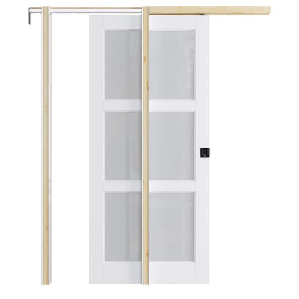 ARK DESIGN 36 in. x 80 in. 3-Lite Glass Primed Wood Door with White Pocket Door Frame and Hardware (Soft Close and Black Lock Incl)