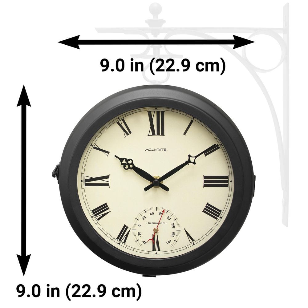 AcuRite 9-Inch Black Iron Double-Sided Hanging Clock with Thermometer