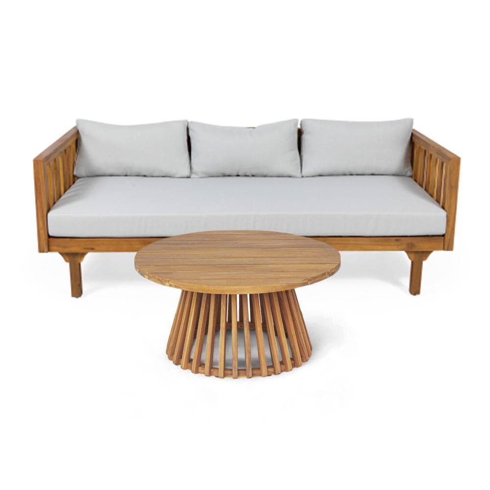 Brown Wood Outdoor Sectional Day Bed with Gray Cushions and Round Coffee Table price history on PriceWatchPro