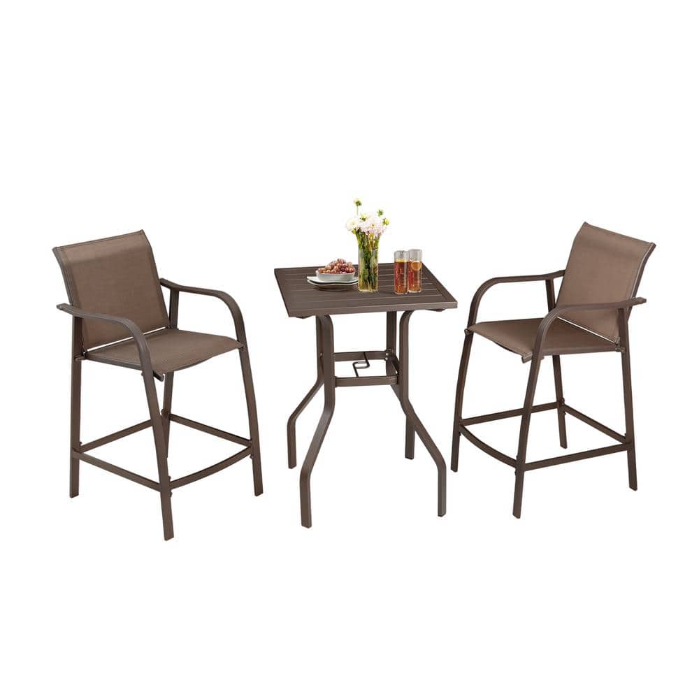 Brown Metal 3-Piece Square Outdoor Bar Height Dining Set