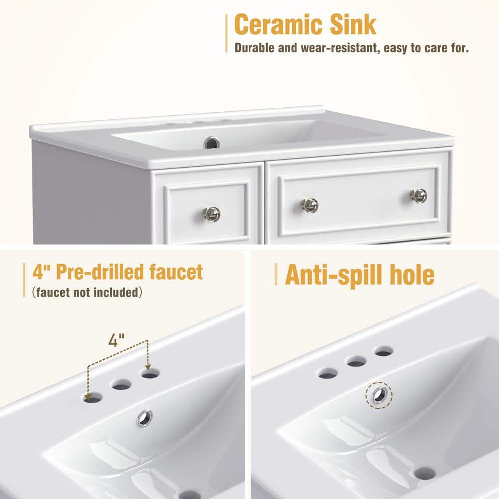 24" White Wood Freestanding Single Sink Bath Vanity with Ceramic Top