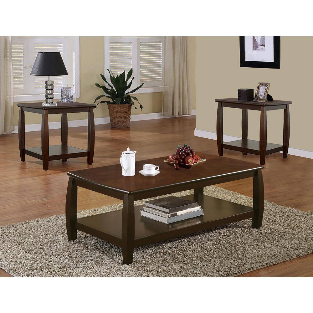 Cappuccino Wood 3-Piece Coffee Table Set with Shelf