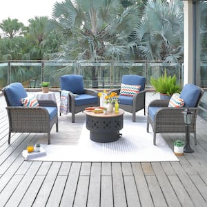 Hyacinth Gray 5-Piece Wicker Patio Wood Burning Fire Pit Conversation Seating Set with Denim Blue Cushions