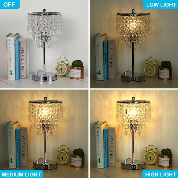 Yansun 17 In Chrome 3 Way Dimmable, Touch Control Crystal Table Lamp With Usb Port
