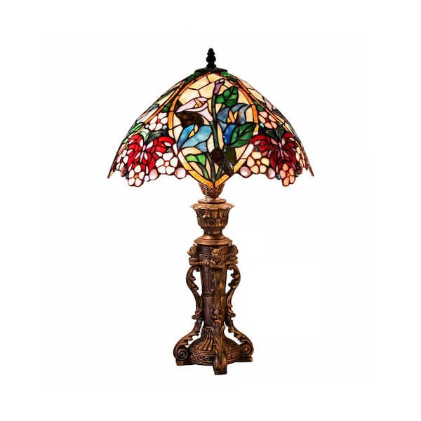Warehouse of Tiffany 23 in. Bronze Floral Design Table Lamp with Stained Glass