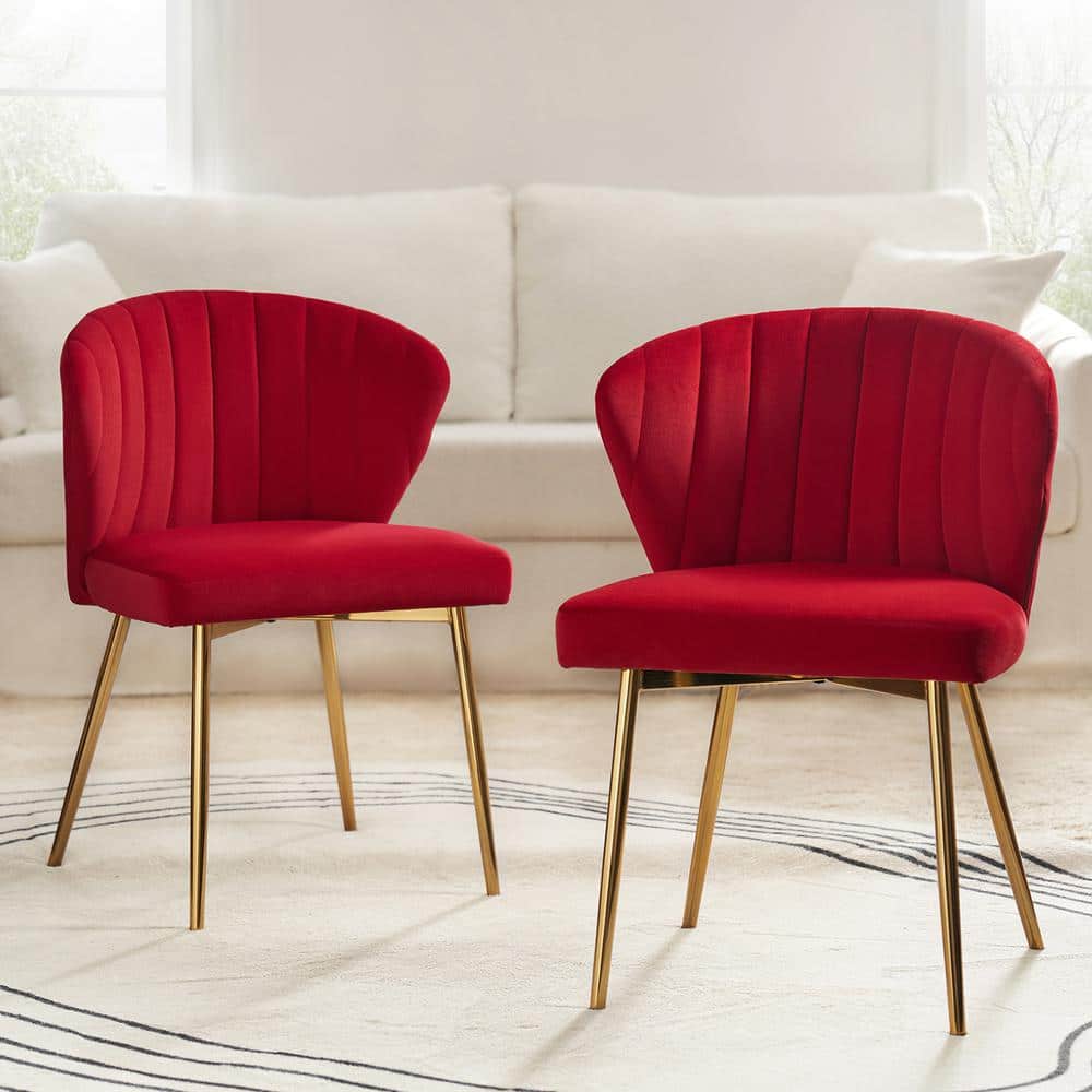 Red Velvet Upholstered Side Chair with Gold Metal Legs