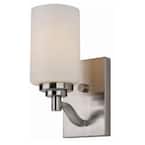Mod Pod 4.5 in. 1-Light Brushed Nickel Wall Sconce with Frosted Glass Cylinder Shade