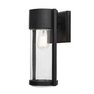 Kempster 14 in. Modern 1-Light Matte Black Modern Outdoor Wall Cylinder Light with Clear Glass