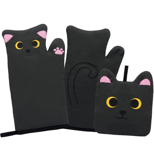 Cute Cat Design Cooking Glove, Quilted Cotton Lining, Heat Resistant Oven Mitts and Pot Holders Sets for Baking