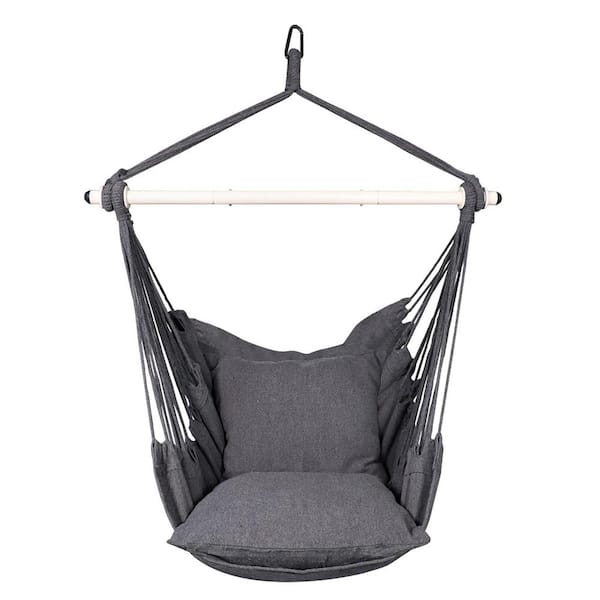 Hanging Rope Porch Swing with Steel Spreader Bar and Anti-Slip Rings, 2 Cushions Included, Gray