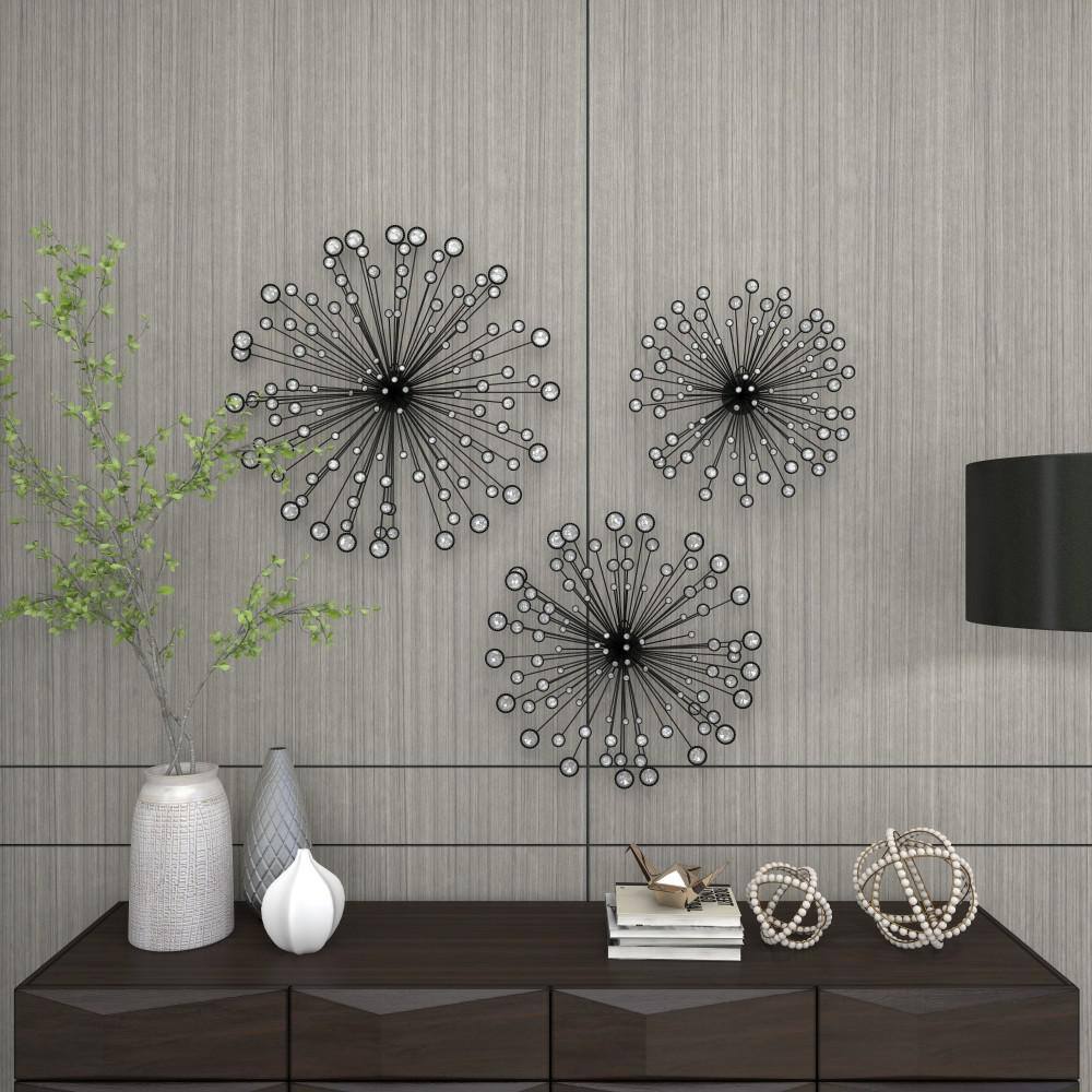 Black Metal Starburst Wall Sculpture Set with Crystal Embellishments