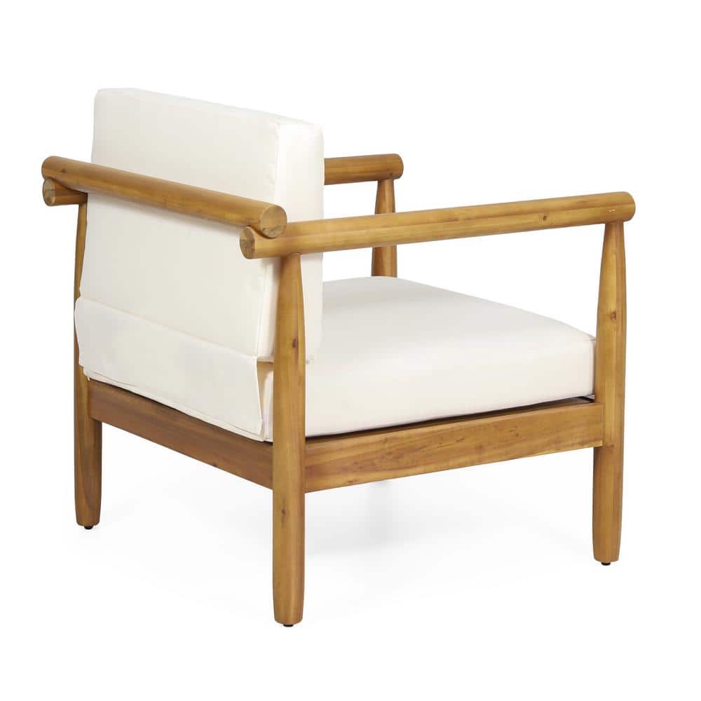 Teak Wood Outdoor Lounge Chairs with Cream Cushions, Set of 2