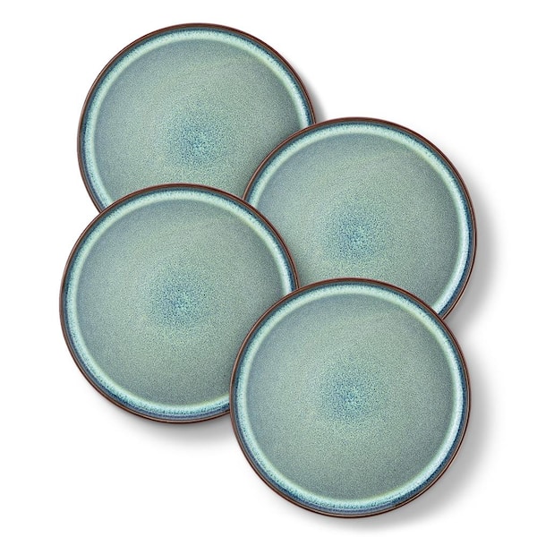 Green Dinner Plate Set of 4 Stoneware Serving Plates 10.25 in. Round Kitchen Plates Kiln Change Green Plate Set