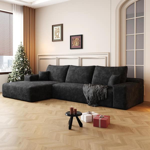 107 in. Square Arms 3-Seat Corduroy Modular Sectional Sofa with Chaise in Black, Deep Seat Compressed Sofa