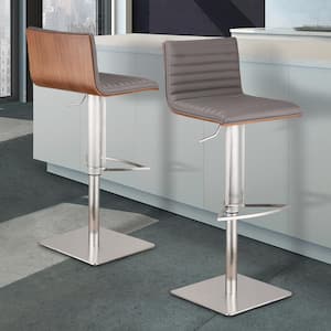 Cafe 31-41 in. Gray Faux Leather with Brushed Stainless Steel Finish and Walnut Veneer Back Adjustable Swivel Bar Stool