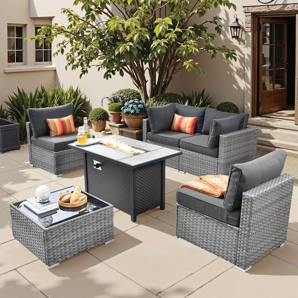 Sanibel Gray 6-Piece Wicker Outdoor Patio Conversation Sofa Sectional Set with a Metal Fire Pit and Black Cushions