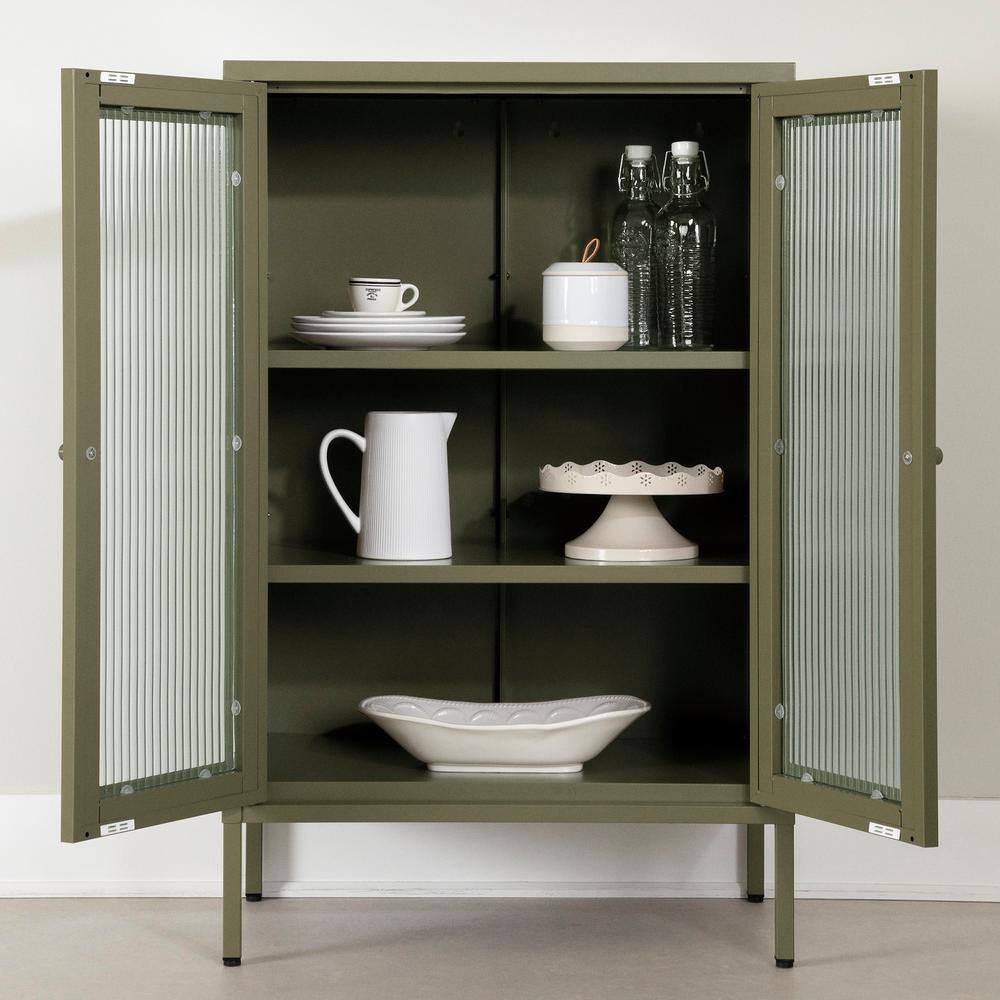 Olive Green Metal Storage Cabinet with Fluted Glass Doors