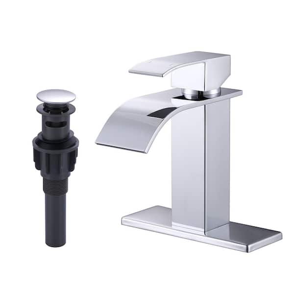 Modern Single Handle Bathroom Sink Faucet, Single Hole Basin Faucet with Deckplate and Supply Lines in Polished Chrome