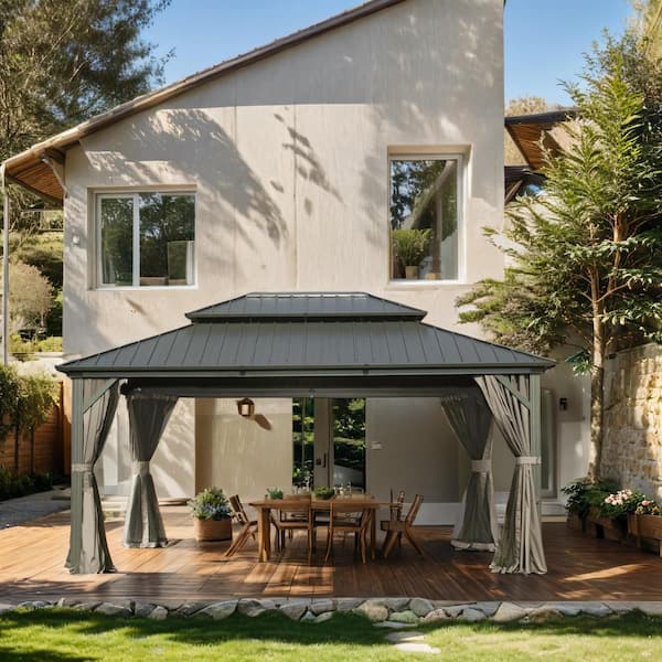 12 ft. x 16 ft. Gray Aluminum Frame Hardtop Gazebo with Galvanized Steel Double Roof Canopy, Curtains and Netting
