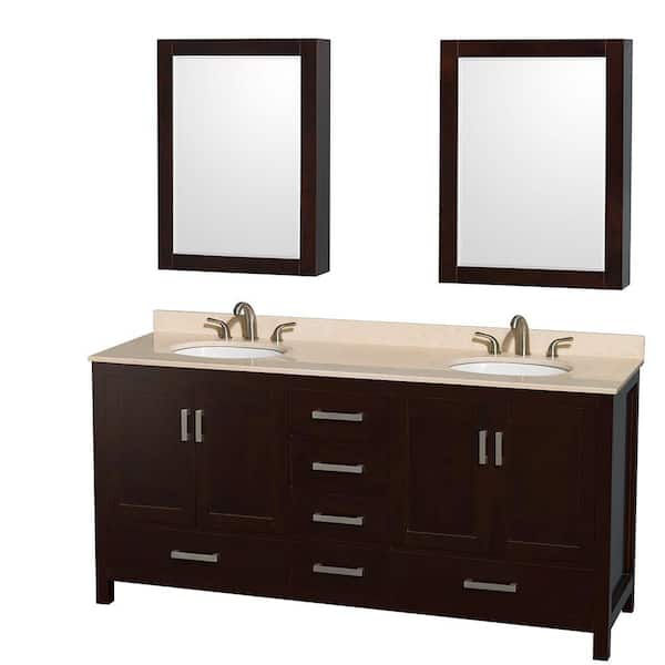 Wyndham Collection Sheffield 72 in. Double Vanity in Espresso with Marble Vanity Top in Ivory and Medicine Cabinets