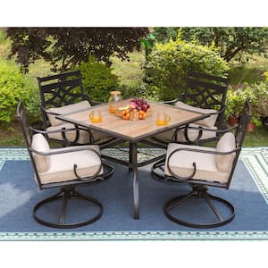 5-Piece Metal Patio Outdoor Dining Set with Square Wood-Look Tabletop and Cast Iron Swivel Chair with Beige Cushions