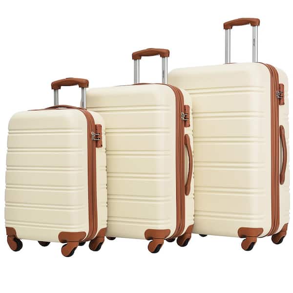 LONG VACATION Luggage Sets 20 IN Carry on Suitcase ABS Handshell Luggage 3  Piece Set with TSA Lock Spinner Wheels (WHITE-BROWN, 20-Inch)
