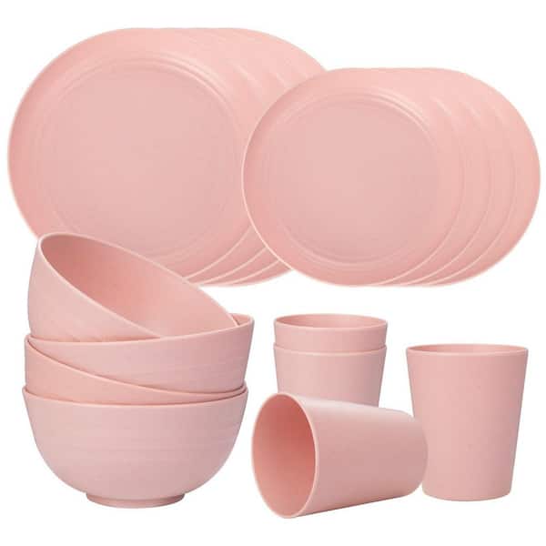 16-Piece Pink Wheat Straw Dinnerware Set for 4, Include Dinner Platos, Dessert Platos, Cereal Bowls, Cups for Daily