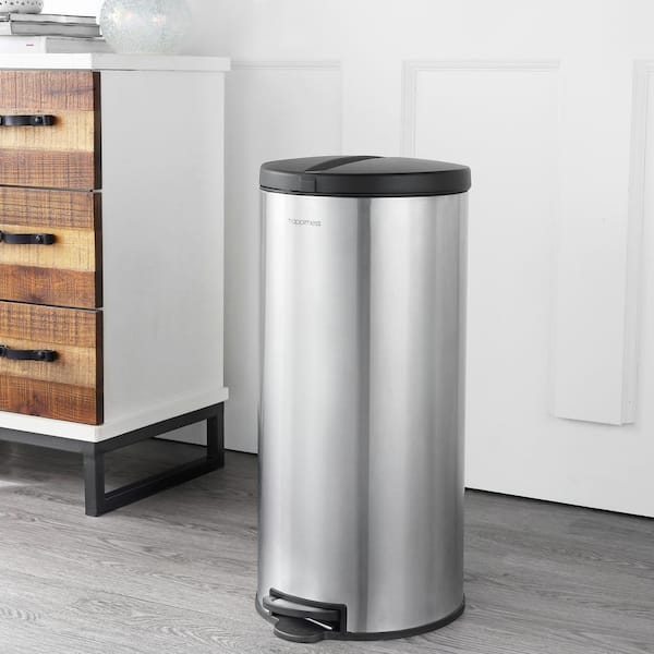 Oscar Round 8 Gal. Stainless Steel Black Step-Open Trash Can with Free Mini Trash Can