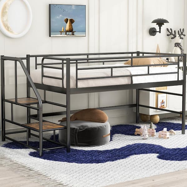 Qualler Black Twin Size Mid Loft Bed with Storage Stairs