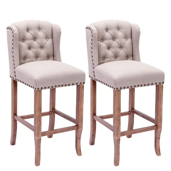 Clihome 44.90 in. H Cream Nailhead Trim Tufted Upholstered Counter Height Bar Stools Bar Chairs (Set of 2)