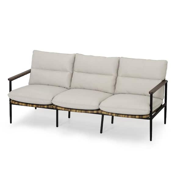 Pure Cane 3-Seat Aluminum Wicker Outdoor Sofa Couch with Gray Cushions