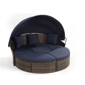 Rattan Wicker Outdoor Patio Furniture Garden Sofa Bed Round Chaise Lounge with Canopy Lift Table Navy Blue Cushion