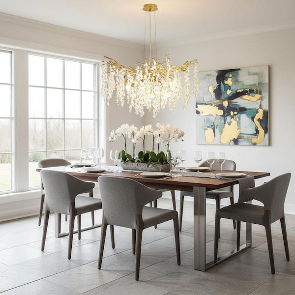 32 in. 10-Light Gold Tree Branch Crystal Chandelier Modern Tassel Crystal Round Chandelier for Dining Room Living Room