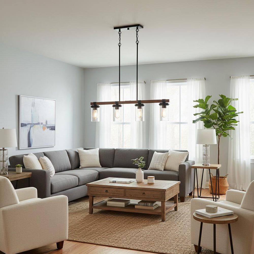 4-Light Black Wood Grain Pendant Light, Kitchen Island Hanging Fixture with Clear Glass Shades for Living Room price history on PriceWatchPro
