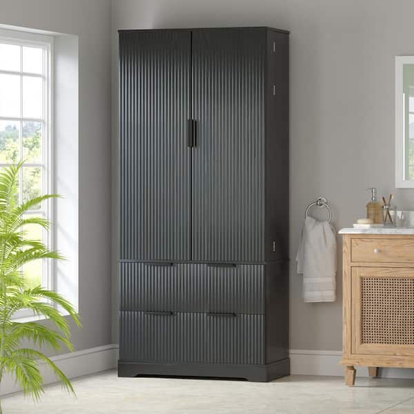 72 in. Modern Fluted Black MDF Buffet with 2 Drawers and 8 Door Spice Racks Adjustable Freestanding Pantry Cabinet