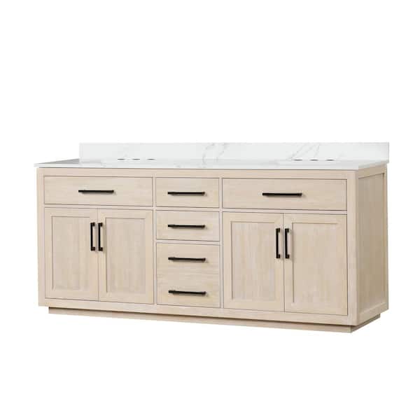 WELLFOR 80 in. W x 22 in. D x 36 in. H Double Sink Freestanding Bath Vanity in Light Oak with White Quartz Top