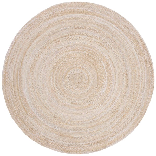 Braided Beige 10 ft. x 10 ft. Solid Color Striped Round Area Rug