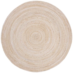 Braided Beige 4 ft. x 4 ft. Round Striped Solid Area Rug